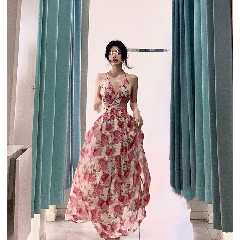 2024 French Style Floral Chiffon Backless Dress