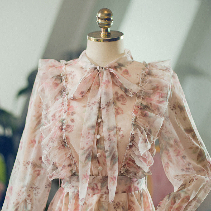 Sweet Floral Bow Neck Ruffled Chiffon Dress