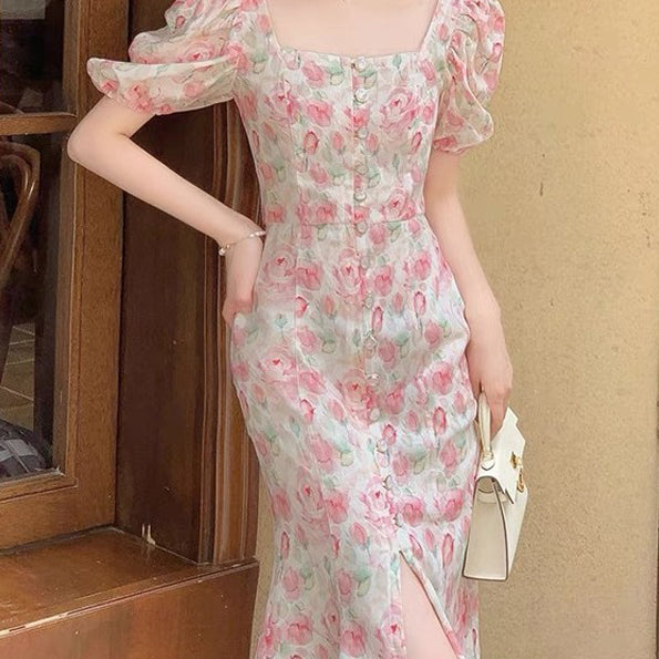Thin White Bubble Sleeve Pink Floral Dress