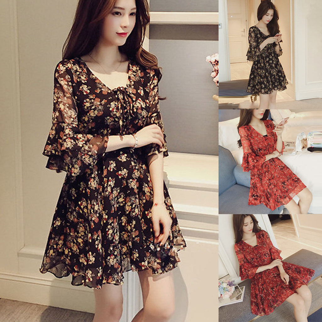 Chic Floral Print Chiffon Dress - Elegant A-line Style