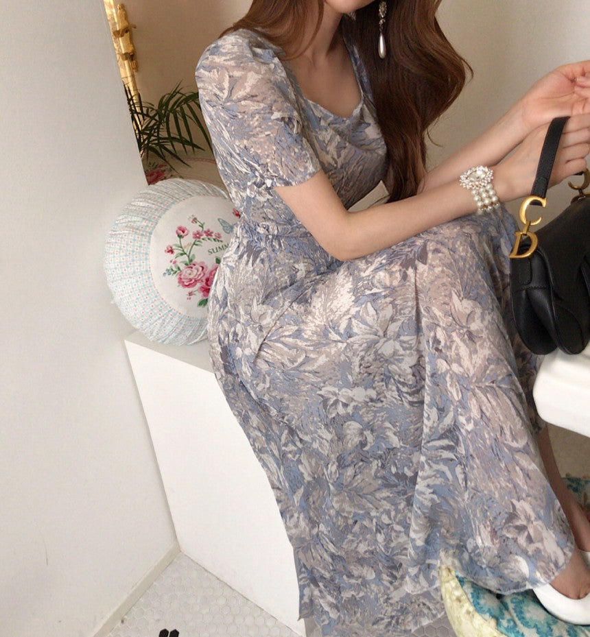 Korean Chic French Style Floral Chiffon Midi Dress