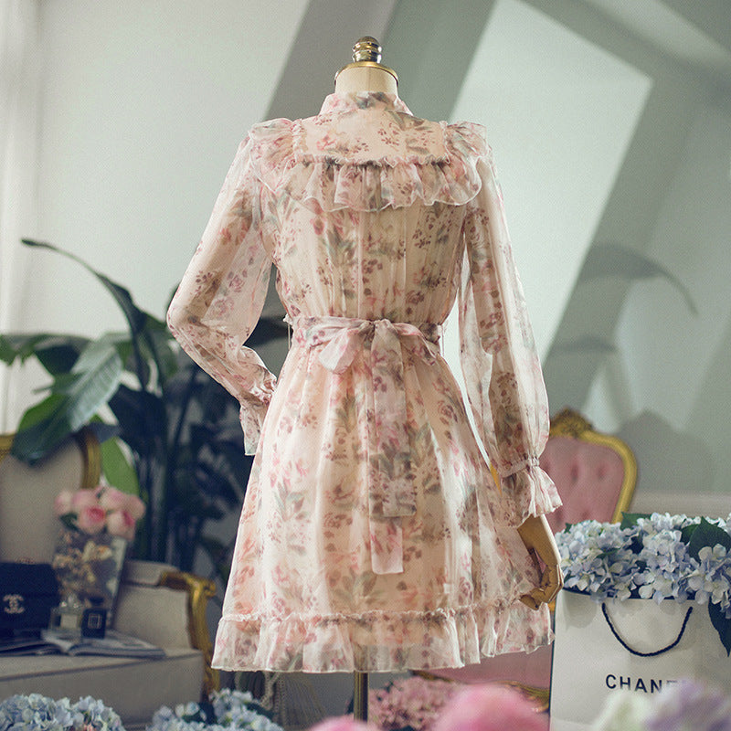 Sweet Floral Bow Neck Ruffled Chiffon Dress
