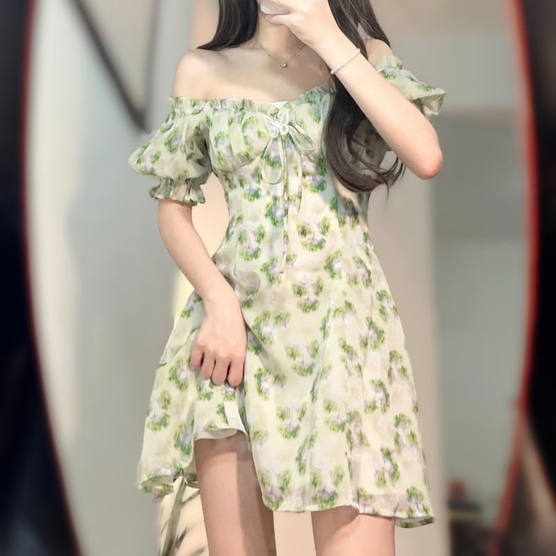 Green First Love Fragmented Floral Dress for Girls