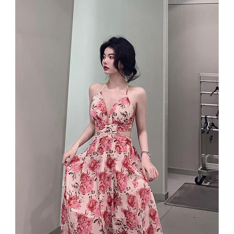 2024 French Style Floral Chiffon Backless Dress