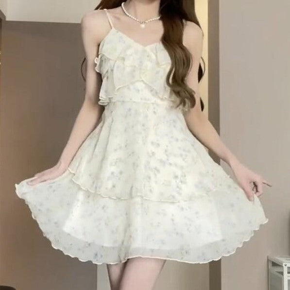 White Chiffon Dress with Flower Strap Detail