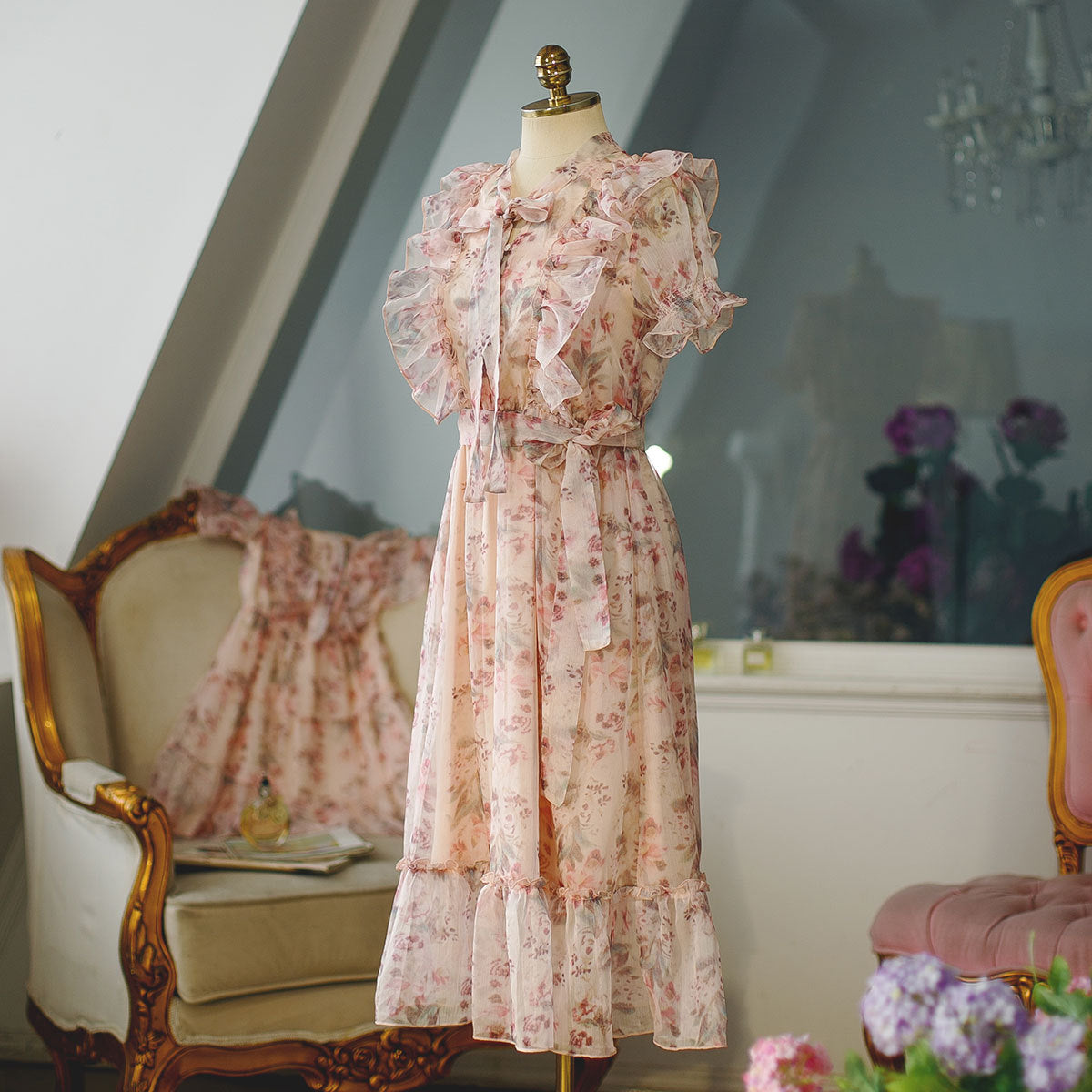 Sweet Floral Bow Neck Ruffled Chiffon Dress