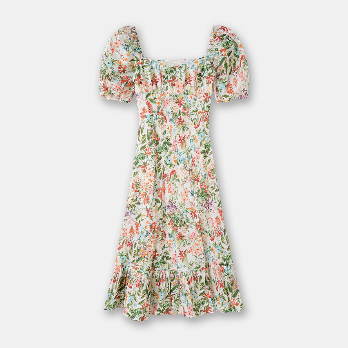 Floral Print Puff Sleeve Linen Mid-Length Dress