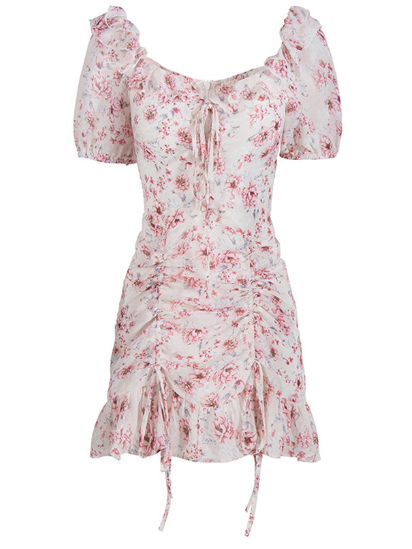 Muses French Puff Sleeve Floral Chiffon Dress