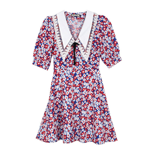 Retro French Style Puff Sleeve Floral Dress for Women
