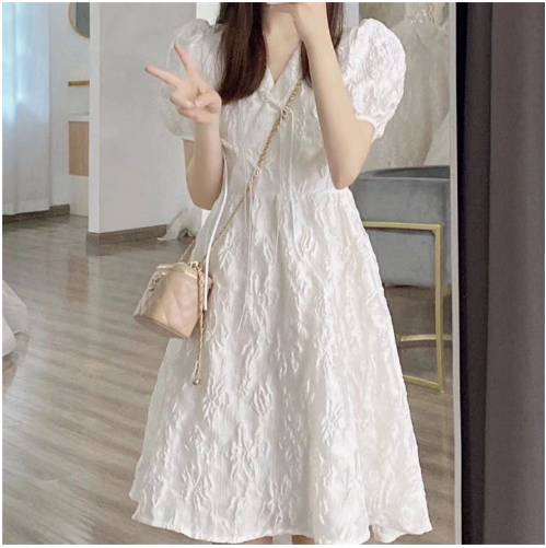 French Style White V-neck Puff Sleeve Dress for Women