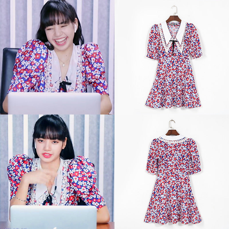 Retro French Style Puff Sleeve Floral Dress for Women