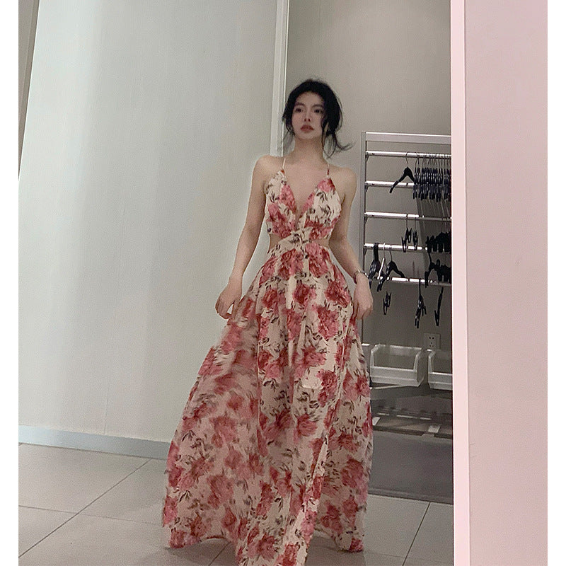 2024 French Style Floral Chiffon Backless Dress